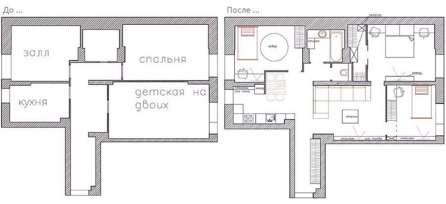 Проект перепланировки 3 комнатной хрущевки в четырехкомнатные апартаменты