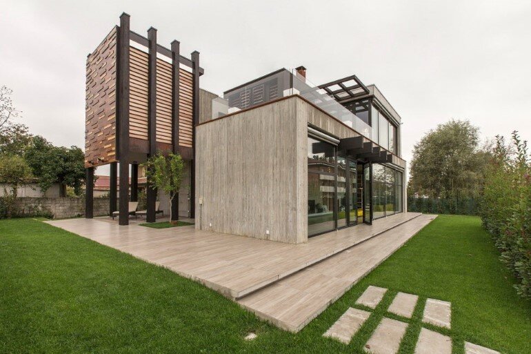 Modern Concrete Block House with Wooden Patio Attached (5)