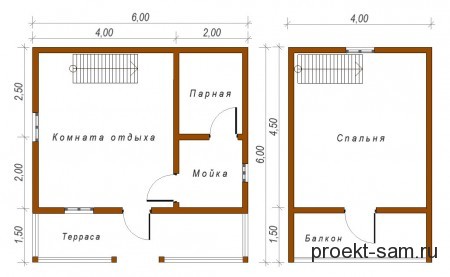 планировка двухэтажной бани 6x6