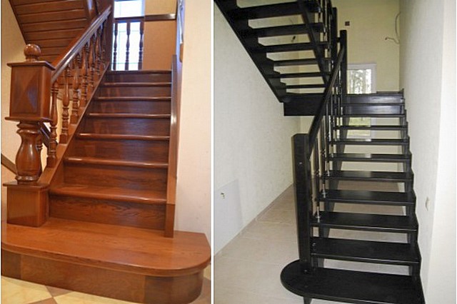 Схожие по конфигурации деревянные лестницы, но слева ступени закрыты подступенками, а справа – «полупрозрачная» конструкция. За счет отсутствия подступенков лестница визуально кажется более легкой.