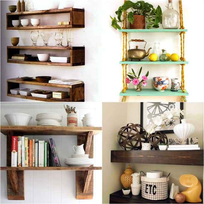 16 easy tutorials on building beautiful floating shelves and wall shelves for your home! Check out all the gorgeous brackets, supports, finishes and design inspirations! - A Piece Of Rainbow
