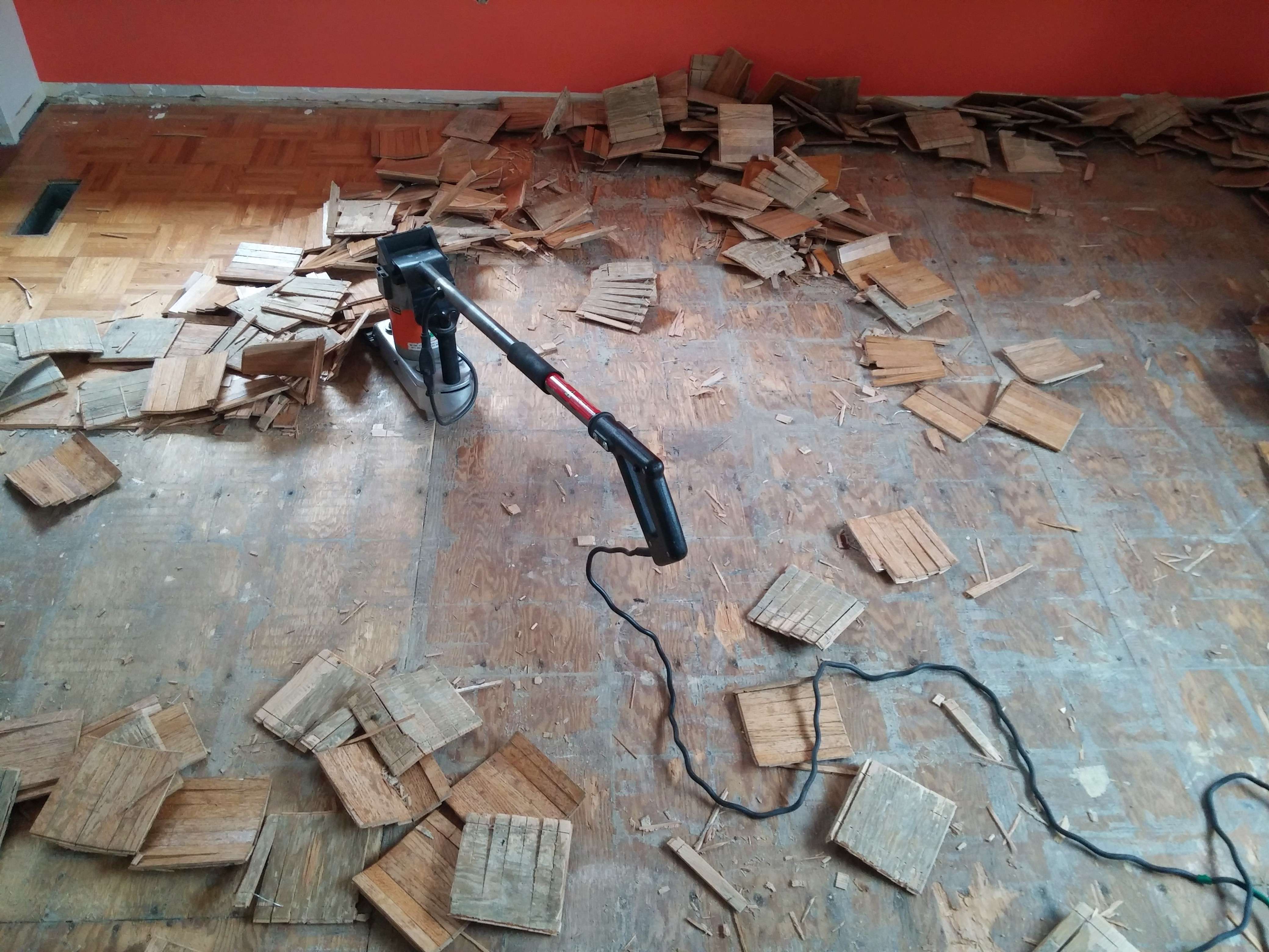 Floor Stripper Removing Parquet from Plywood Floor